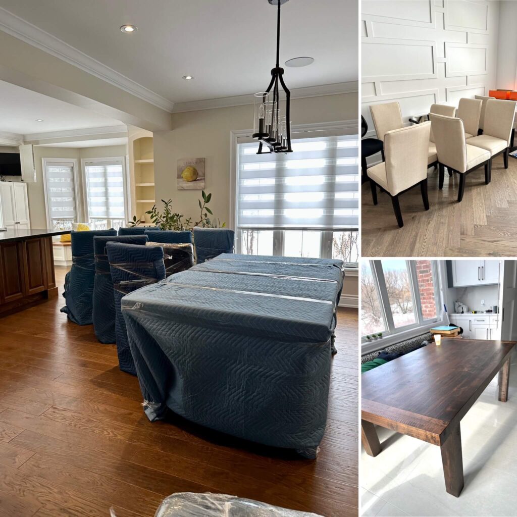 Residential movers in Etobicoke carefully packing and protecting furniture inside a home